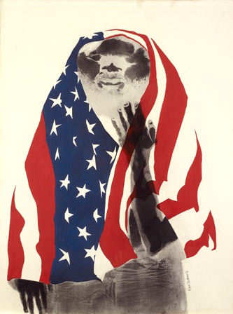 David Hammons, America the Beautiful, 1968. Lithograph and body print. 39 x 29 1⁄2 in. (99.1 x 74.9 cm). Oakland Museum, Oakland Museum Founders Fund. Included in Now Dig This! Art and Black Los Angeles 1960–1980.
